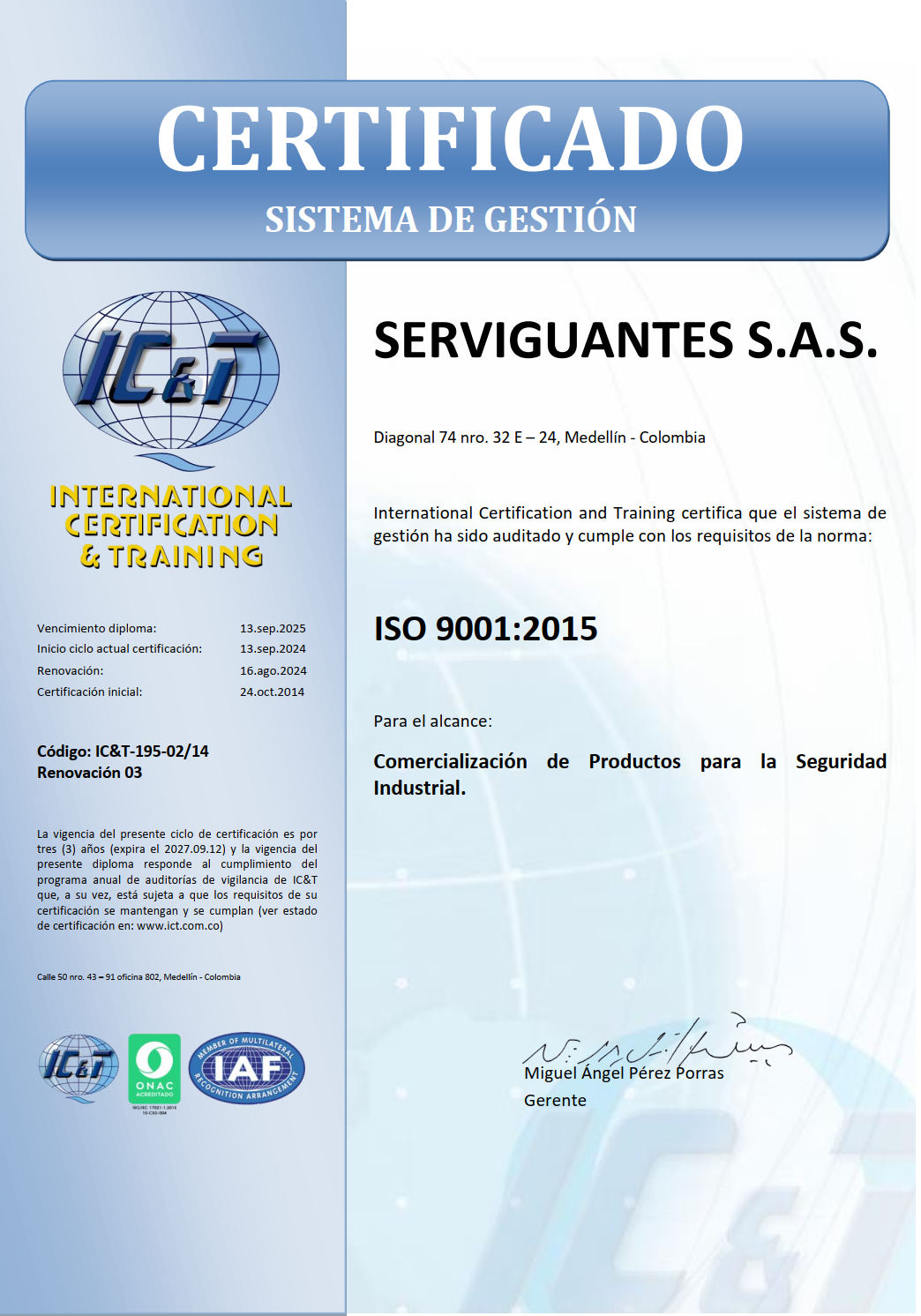 Certificado Serviguantes ISO9001:2008